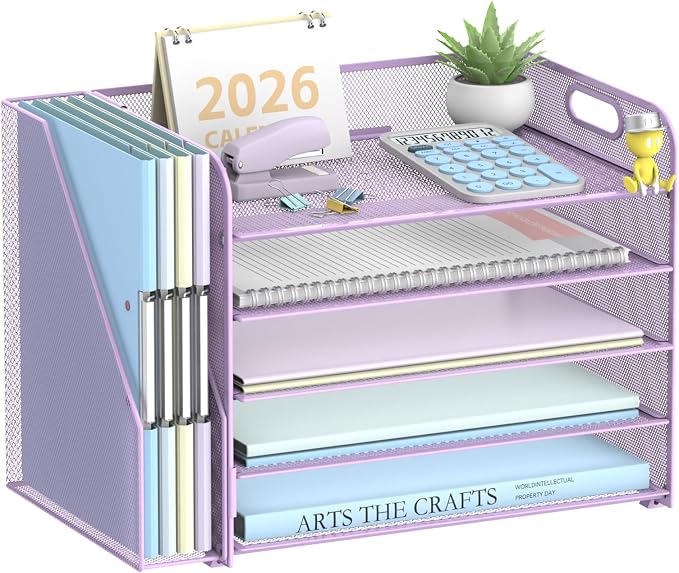 5-Tier Desk Organizer with File Holder, Paper Organizer for Desk, Purple | 5 Letter Trays and Vertical File Holder with Metal Mesh Frame for Papers Folders Books and Mail in Office Home or School