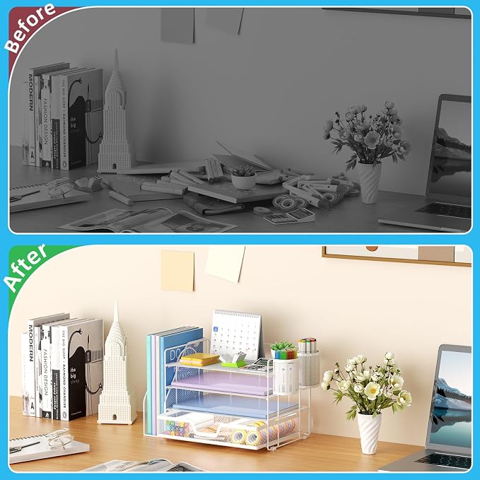 Marbrasse 4-Tier Paper Tray Organizer with Drawer and Pen Holder, White | Metal Mesh Desk Organizer, Built-in Drawer & 2 Pen Slots, fits letters/Files, for School Home Office Supplies