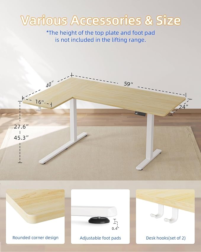 YIHAYO Reversiable L-Shaped Electric Standing Desk, 59 Inches Stand Up Corner Desk, Sit and Stand Up for Work Office Home, Ergonomic Rising Computer Table with Splice Board, Natural