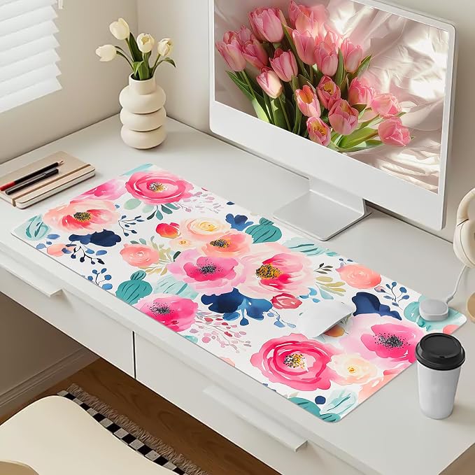 Bloss Flower Desk Mat, Leather Desk Pad, Desk Matt for Desktop, Waterproof Desk Pad Mat, Computer Mat for Office Work/Home/Decor/Desk Protector(35.4 x 15.7 Inches)
