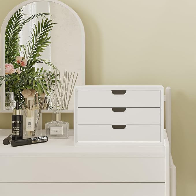 LitaEther Desk Organizer with 3 Drawers, ALEX Drawer Unit, Chic White Wood Cosmetic Makeup Organizer for Office Vanity Tabletop Storage 13.8"X 9"X10.2"