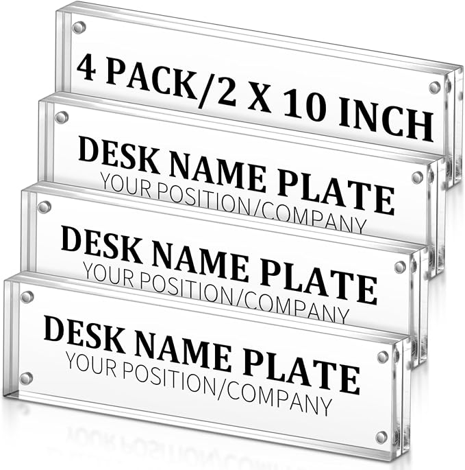 Geetery 4 Pcs Acrylic Office Desk Name Plate Personalized Clear Acrylic Block Double Sided Table Name Plate Holder Business Magnet Frame DIY Desktop Holder Accessories Decor (2" x 10")