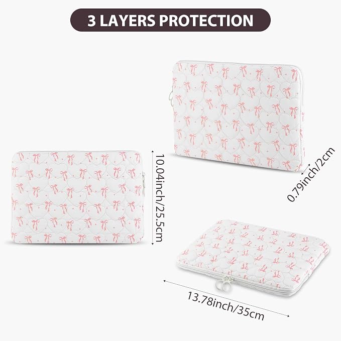 Cute Bow Puffy Laptop Sleeve 13-15 Inch Cute Quilted Laptop Protective Case Padded Bow Computer Sleeve for MacBook