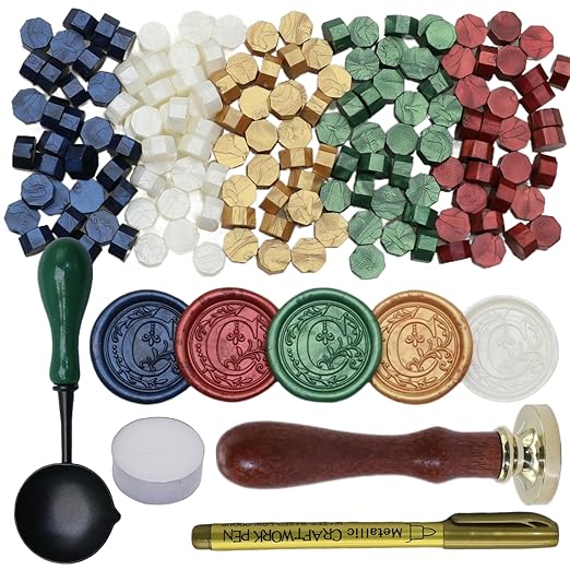 Initial Alphabet Wax Seal Stamp Kit, Retro Letter C Sealing Stamp with 150Pcs Sealing Wax Beads Spoon Pen Set for Wedding Invitations Cards Envelopes (C)