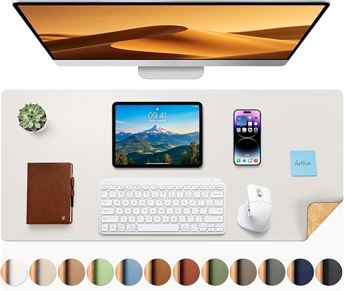 Aothia Dual-Sided Desk Mat - Leather & Cork Desk Protector, Large Mouse Pad & Writing Pad, Waterproof, Off-White (35.4" x 15.7")