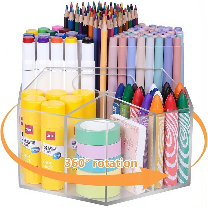 Pen Holder for Desk Acrylic, Large 6 Slots 360-Degree Rotating Marker Organizer Pencil Holder, Caddy Art Supply Organizer Crayon Organizers for Office School