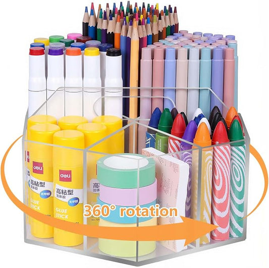 Pen Holder for Desk Acrylic, Large 6 Slots 360-Degree Rotating Marker Organizer Pencil Holder, Caddy Art Supply Organizer Crayon Organizers for Office School