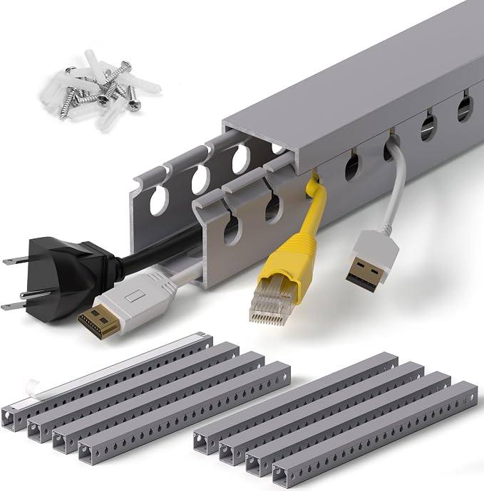 1.2"H x 1.2"W Cable Raceway, 132in Under Desk Wire Management Channel, Grey | Slotted Wire Duct, 8Pack, 16.5in Each, Heavy-Duty PVC Cable Management for Server Racks, Network Cables & Electrical Cabinets