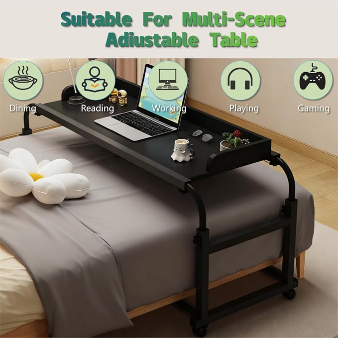 Overbed Table with Wheels and Desktop Enclosure, Height and Length Adjustable Over Bed Desk King Queen Bed Table Overbed Laptop Table (Black)