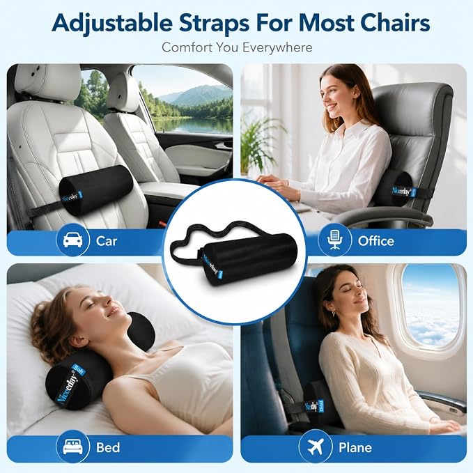Lumbar Roll 2 Pack, Upgrated Soft & Firm Density with Non Slip Adjustable Straps, Low Back Lumbar Support for Office Chair & Car Seat Back Support Cushion, Lumbar Support for Car Seats, Desk Chair