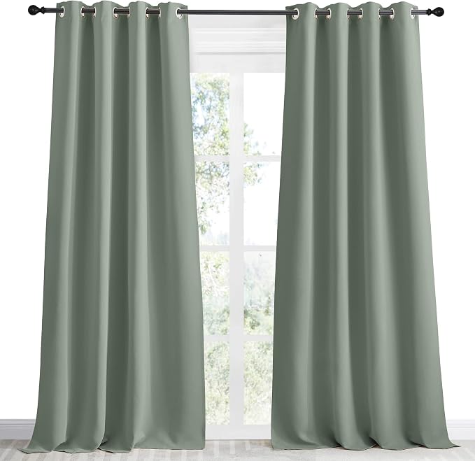 NICETOWN Blackout Greyish Green Curtain 96 inch Length for Bedroom, W55 x L96, 1 Panel, Thermal Insulated Grommet Room Darkening Window Drape Sound Dampening for Living Room