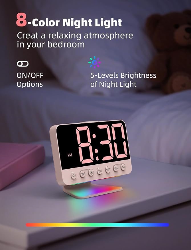 Odokee Digital Alarm Clocks for Bedrooms with Large Bold Number | Pink Alarm Clock with 8 Night Lights & Dimmable Display - Cute Alarm Clock with 5 Sounds for Girls Teens Kids - Sakura Pink