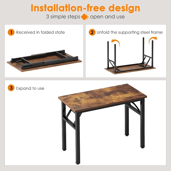 SogesHome No Assembly Folding Computer Desk, 31.5 Inch Small Compact Desk for Home Office, Modern Writing Table with Adjustable Leg Pads, Gaming Desk for Living Room and Small Spaces, Rustic Brown