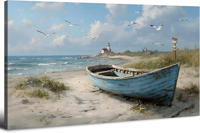 Coastal Wall Art Beach Wall Decor Nautical Ocean Canvas Picture Nature Seaside Boat Seascape Prints Painting Bathroom Decor Rustic Beach Scenery Artwork Living Room Bedroom Office Decoration 20x40"