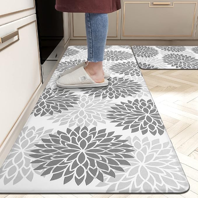 HEBE Anti Fatigue Kitchen Rugs Set of 2, Cushioned Kitchen Mats for Floor | Non Slip Washable Kitchen Runner Rug Set, Floral Stain Resistant Waterproof Comfort Mat Carpet for Sink, Standing Desk
