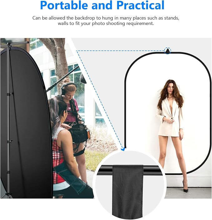 NEEWER Chromakey Backdrops, Double Sided Black Screen and White Screen, 2 in 1 Collapsible and Reversible Background for Photography, Gaming and Live Streaming, 5'×6.6'/1.5m×2m (Black/White)