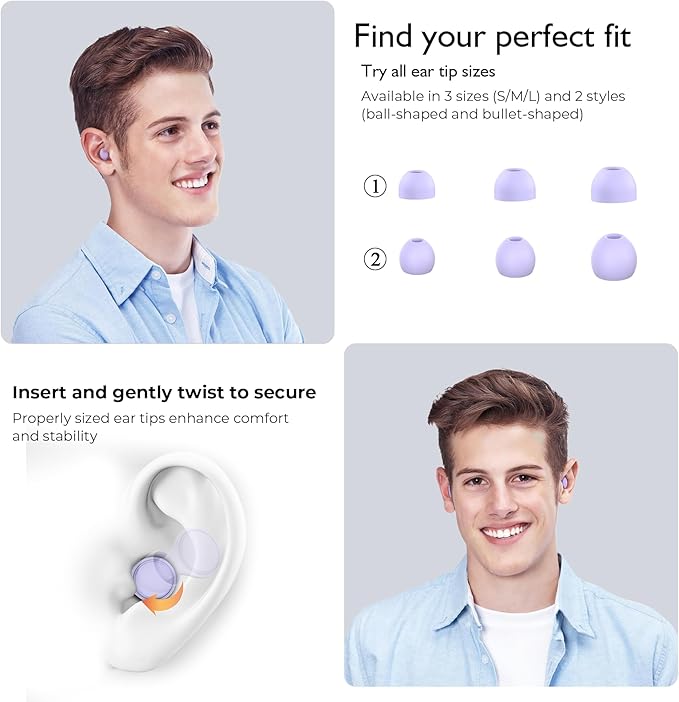2 Pairs Ear Plugs for Sleeping, Soft Full Silicone Ear Plugs for Noise Reduction 25dB, Reusable Hearing Protection Earplugs for Concert, Focus, Noise Sensitivity, 8 Ear Tips in S/M/L - Purple