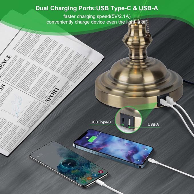Green Bankers Lamp with Pull Switch, Retro Desk Lamp with USB & Type C Charging Ports, Antique Library Lamp for Home Office, Library, Study Room