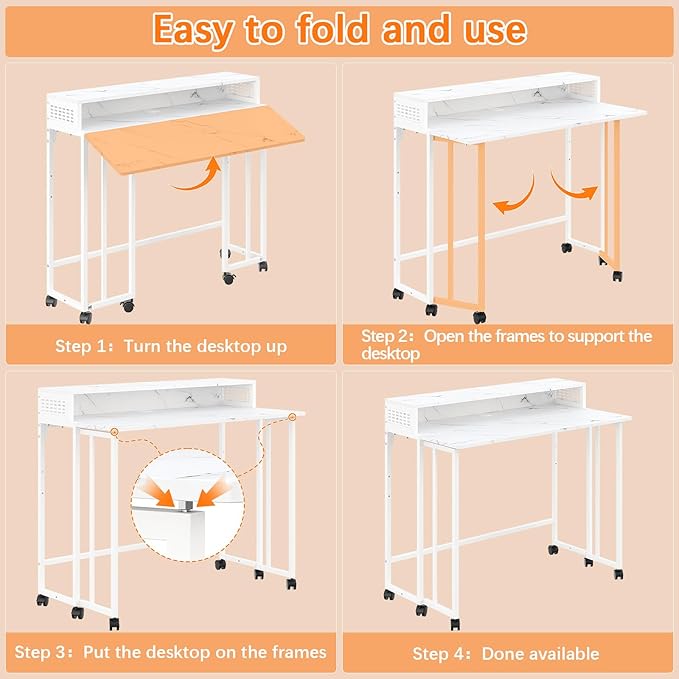 Gezen Folding Desk With Storage Shelf, Small Rolling With Wheels, Mobile Couch Sofa Side Table Bed for Home Office Small Space, White Marble, 39.4"