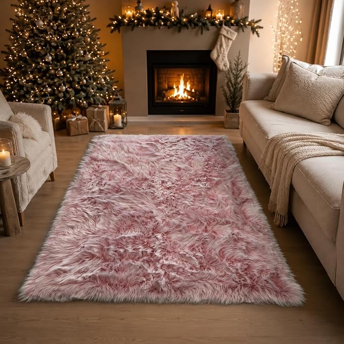 EasyJoy Faux Sheepskin Rug, Fluffy Faux Fur Rug, Ultra Soft Shag Area Rug with Non-Slip Backing for Bedroom, Living Room, Nursery, Kids Room(4 x 6 ft Rectangle, Frosted Bottom Pink)