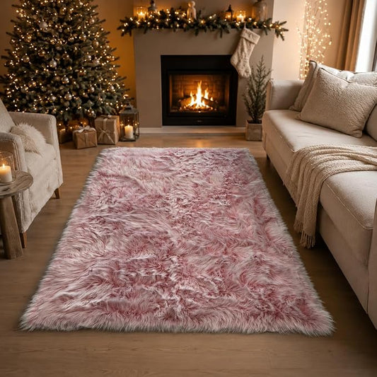 EasyJoy Faux Sheepskin Rug, Fluffy Faux Fur Rug, Ultra Soft Shag Area Rug with Non-Slip Backing for Bedroom, Living Room, Nursery, Kids Room(4 x 6 ft Rectangle, Frosted Bottom Pink)
