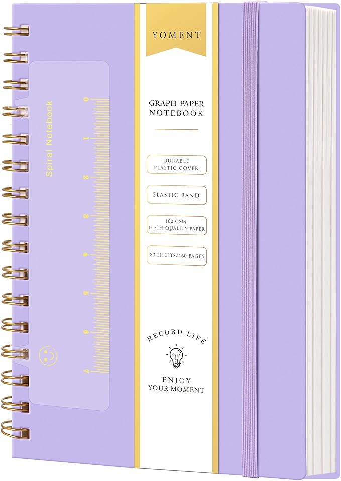 Yoment Graph Paper Spiral Notebook A5 Graphing Notebook 160 Pages Graph Paper Notebook Spiral Bound Waterproof Plastic Hardcover Spiral Journal 5x7 Grid Notebooks for Note Taking,Purple