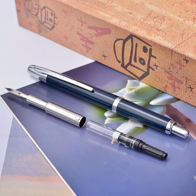 Jinhao 20 Press Fountain Pen, Dark Blue Retractable Fine Nib with Ink Converter Set (Silver Clip)