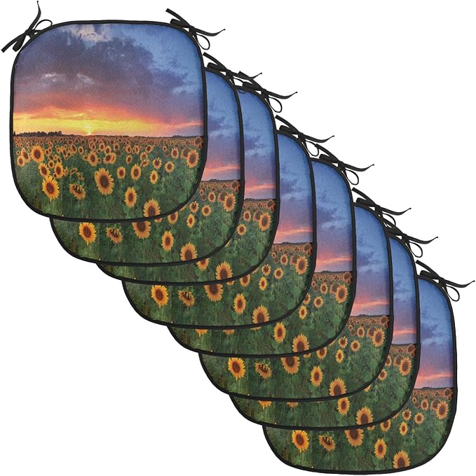 Lunarable Sunflower Chair Cushion Pads Set of 8, Field of Sunflowers Sunset Dramatic Sky Clouds Scenic Picture, Anti-Slip Seat Padding for Kitchen & Patio, 16"x16", Fern Green Sky Blue