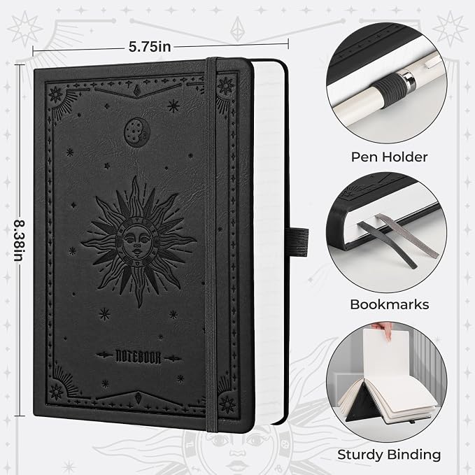 EMSHOI A5 College Ruled Notebook, 320 Numbered Pages 100GSM Ink-Proof Faux Leather Hardcover Lay-Flat Lined Journal for Work Office School Writing, SUN Design, Small 5.75" x 8.38", Black