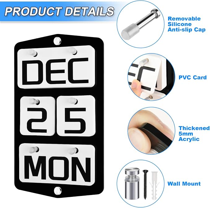 Wall Mount Acrylic Calendar, Perpetual 2026 Daily Display Calendar, Reusable Yearly Wall Standing Calendars with Wall Hook for Home Office Decor Accessories (Black)