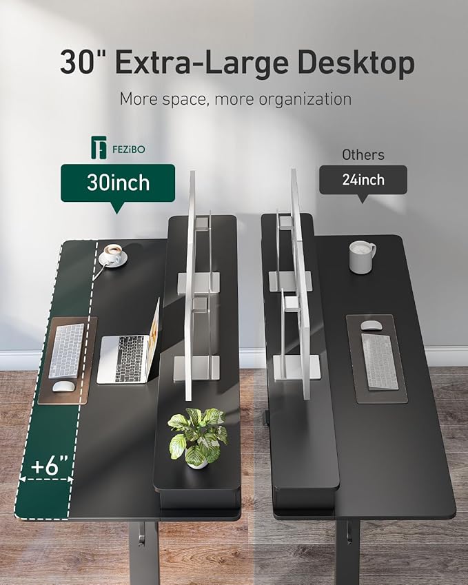 CubiCubi 55" x 30" Standing Desk with Drawers, Height Adjustable Electric Workstation, Computer Sit Stand Up Table with Large Storage Shelf 4 Drawers and 2 Hooks, Black