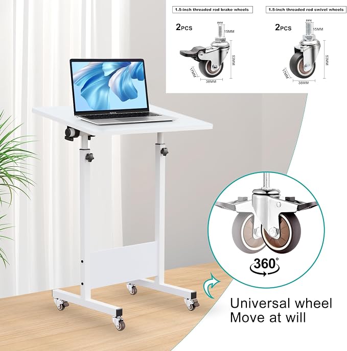 KOUPA Adjustable Height Standing Desk, 31 in Writable Tempered Glass Desktop with Eraser, 360° Flip, Wheels – Ideal for Small Spaces and Home Offices, White(Adjustable Height: 32-47 in)