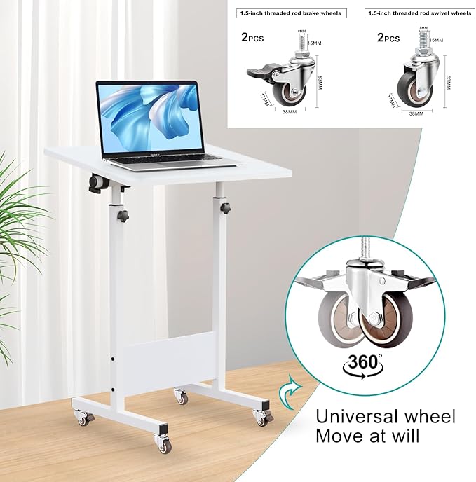 KOUPA Adjustable Height Standing Desk, 24 in Writable Tempered Glass Desktop with Eraser, 360° Flip, Wheels – Ideal for Small Spaces and Home Offices, White(Adjustable Height: 32-47 in)