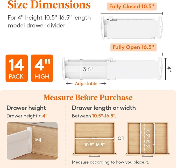 Lifewit 14 Pack Drawer Dividers for Clothes, 4" High 10.5"-16.5" Expandable Dresser Drawer Organizers, Adjustable White Plastic Separators for Kitchen, Cabinet, Nursery, Socks & Underwear Storage