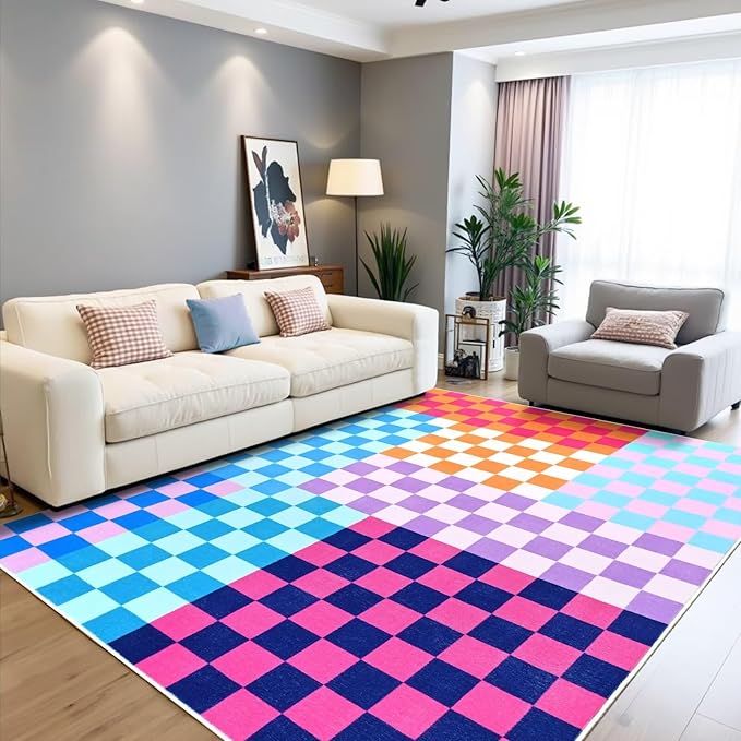 Terrug Multicolored Checkered Rug for Living Room,6x9 Area Rugs Washable with Non Slip for Bedroom,Soft Low Pile Stain Resistance Retro Carpet for Dorm Kids Room