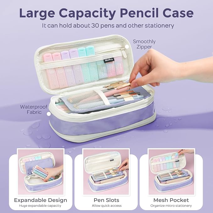 Nicpro 39 PCS Aesthetic School Supplies with Cute Purple Pencil Case, 12 Pastel Highlighters, 5 Quick Dry Black Ink Pens, 6 Mechanical Pencil 0.5 & 0.7mm for Girl Student Stationary College Essentials
