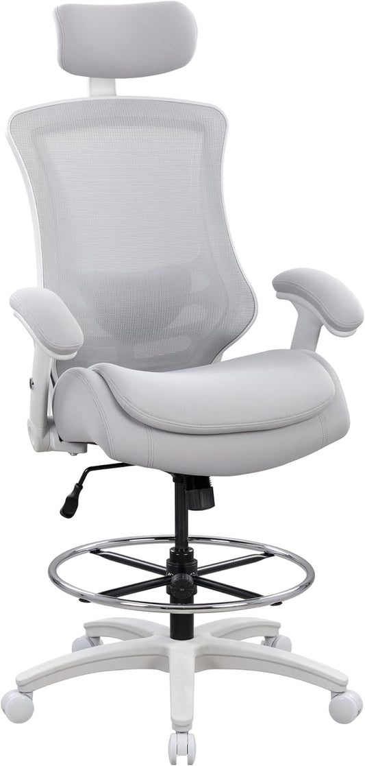 BOLISS Ergonomic Drafting Chair High Back for Standing Desk-Grey | Tall Office Chair Double-Layer Seat Cushion, Adjustable Headrest & Lumbar Support, Flip-Up & Height Adjustable Arms