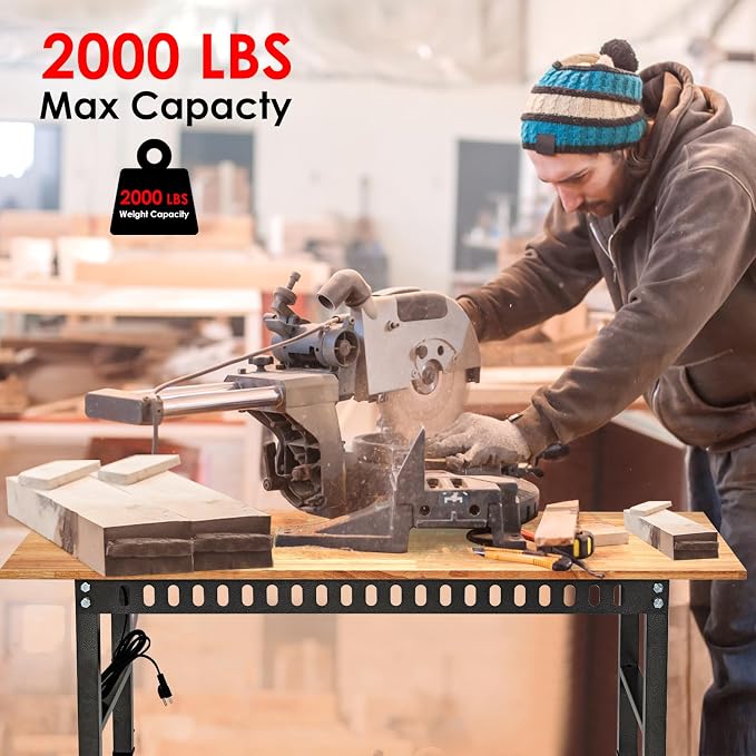 OLBRUS 54.3 "Adjustable Workbench with Power Outlet, Heavy Duty 2000 LBS Load Capacity Hardwood Workbench Suitable for Workshop, Office, Garage, Home (Rubber Pad丨Power Outlets 54.3"x21.6")