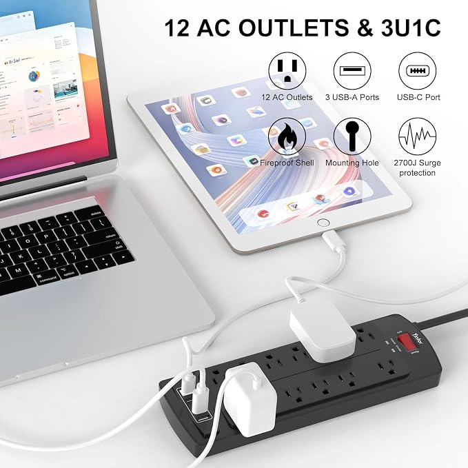 Power Strip, Yintar Surge Protector with 12 AC Outlets and 4 USB Ports, 6 Feet Extension Cord, 2700 Joules, ETL Listed, Black