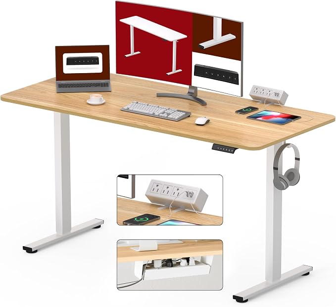SANODESK Electric Standing Desk with Desk Clamp Power Strip 55"x 28" Whole-Piece Desktop Height Adjustable Stand Up Desk with Cable Management Sit Stand Home Office Desk Black Frame/Mahogany Top