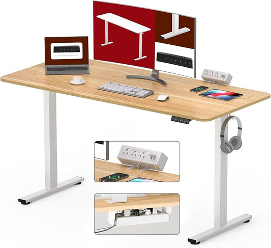 SANODESK Electric Standing Desk with Desk Clamp Power Strip 55"x 28" Whole-Piece Desktop Height Adjustable Stand Up Desk with Cable Management Sit Stand Home Office Desk Black Frame/Mahogany Top