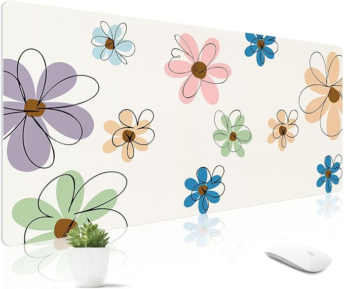 Mouse Pad Leather Desk Mat Large Keyboard Cute Office Desktop Computer Laptop XXL Long Big Aesthetic Modern Design Women Girls Gaming Gamer Oversized Wide Mousepad 31.5"x15.7", Line Flower