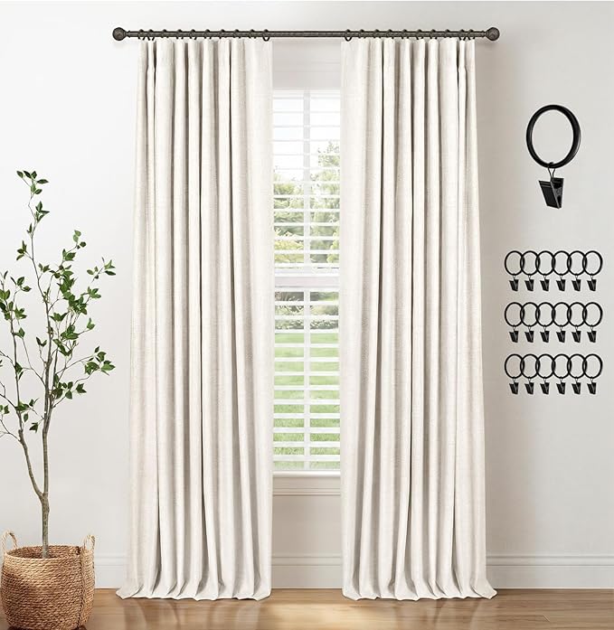 INOVADAY 100% Blackout Curtains for Bedroom, Black Out Curtains 72 Inch Long, Clip Rings Linen Blackout Drapes, Thermal Insulated Room Darkening for Living Room, 2 Panels - Beige,W50xL72
