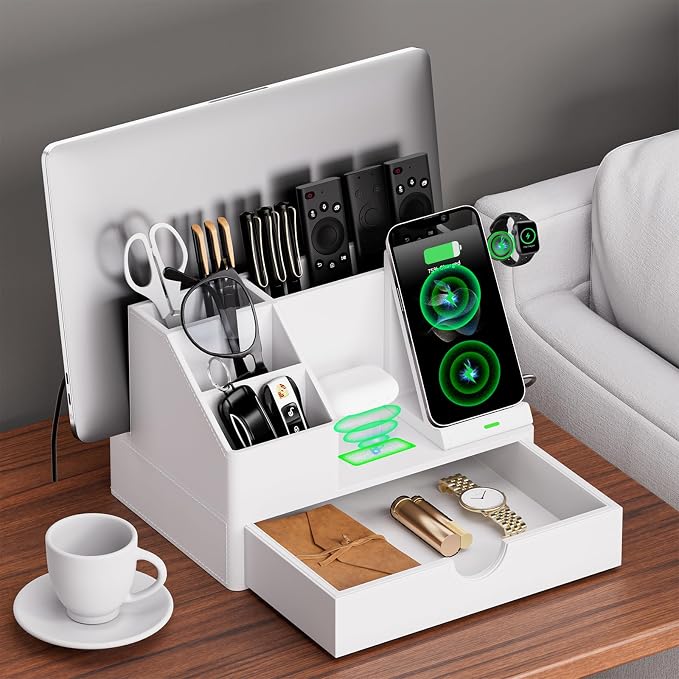 Sleek White PU Leather Charging Station with Drawer - 6-in-1 Multi-Device Desktop Organizer Docking Hub for iPad, Tablet, Laptop, Phone, Watch, Office Home Gift Idea