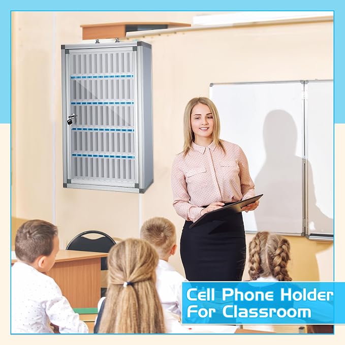 Amylove Cell Phone Locker Cabinet Aluminum Alloy Pocket Chart Storage Locker Box Cabinet Wall-Mounted Cell Phones Storage Box with Handle for Office Classroom Gym(White,60 Slots)