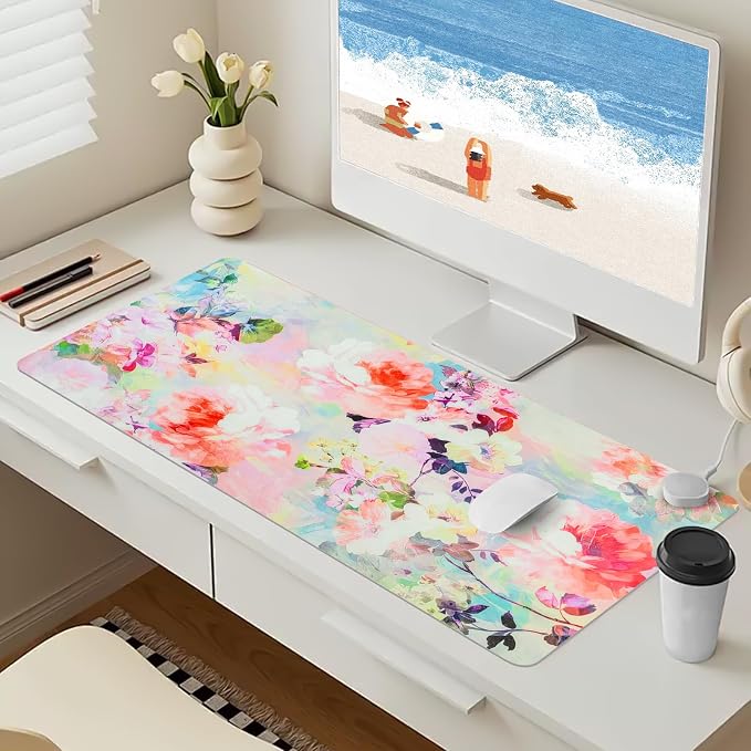 Pink Floral Desk Mat for Desktop, Women Girls Pink Mouse Pad Large, Desk Decor for Women, Desk Protector Mouse Pads for School Office Home/31.5" X 15.7"