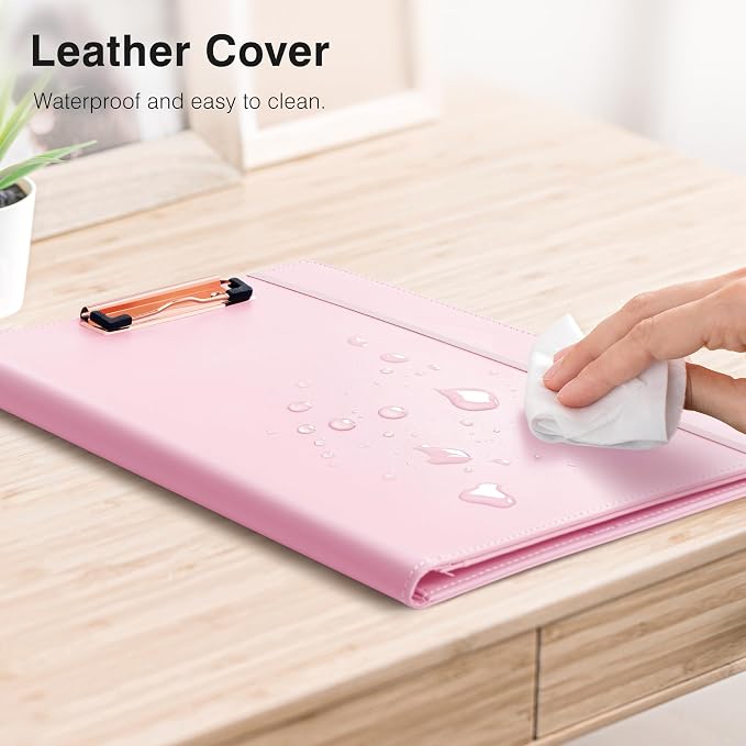 Ospelelf Pink Business Padfolio for Women, Faux Leather Clipboard Folio with Notepad and Pocket, Resume Legal Pad Holder