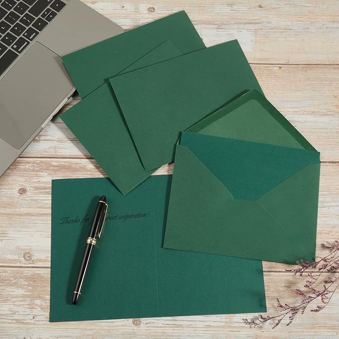 50 Pack Dark Green A7 Envelopes with Cards and Gold Stickers, 5x7 | With Thick Folded Cardstock, For Greeting Cards, Wedding, Birthday, Invitations, Baby Showers