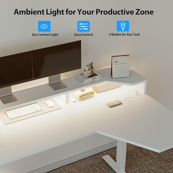 Agilestic 63 Inch L Shaped Electric Standing Desk with Shelf, Height Adjustable Large Desk with Power Outlet & LED, Corner Sit Stand Up Table with Monitor Stand, Computer Workstation, White