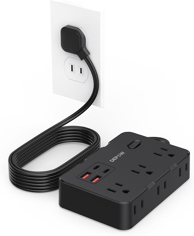 DEPOW 2 Prong to 3 Prong Adapter Power Strip, 5FT Black Extension Cord with 6 Outlets & 4 USB Ports (2 USB-C), 1050J Two Prong Surge Protector, Wall Mount - Ideal for Old Houses